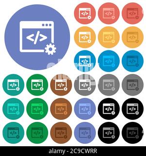 Web development multi colored flat icons on round backgrounds. Included white, light and dark icon variations for hover and active status effects, and Stock Vector