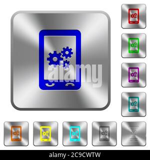 Mobile preferences engraved icons on rounded square glossy steel buttons Stock Vector