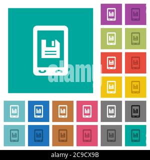 Mobile save data multi colored flat icons on plain square backgrounds. Included white and darker icon variations for hover or active effects. Stock Vector