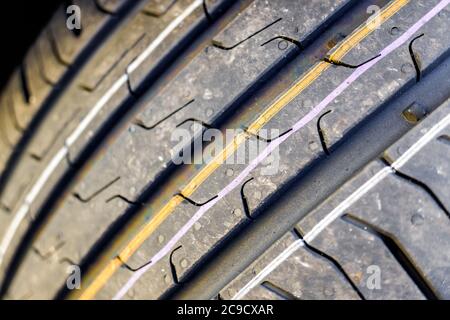 Detail of the grooves of a new car tire. Stock Photo