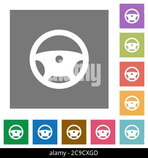 Steering wheel flat icons on simple color square backgrounds Stock Vector