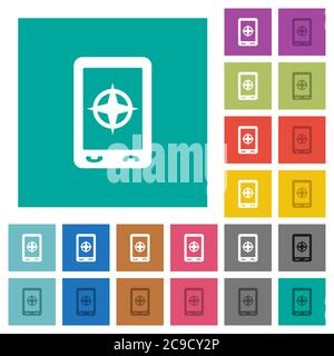 Mobile compass multi colored flat icons on plain square backgrounds. Included white and darker icon variations for hover or active effects. Stock Vector