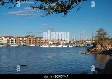 River Arun view with boats and yachts moored at Littlehampton Marina. Stock Photo