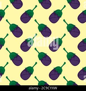 Purple eggplant ,seamless pattern on yellow background. Stock Vector