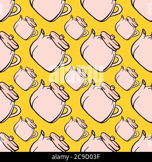 Coffee pot ,seamless pattern on yellow  background. Stock Vector