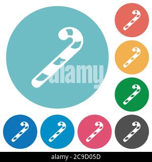 Candy canes flat white icons on round color backgrounds Stock Vector