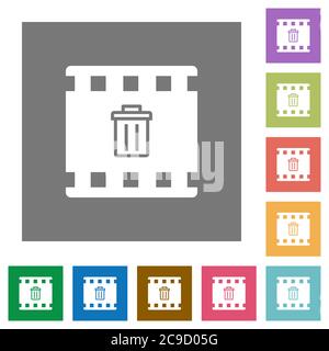 Delete movie flat icons on simple color square backgrounds Stock Vector