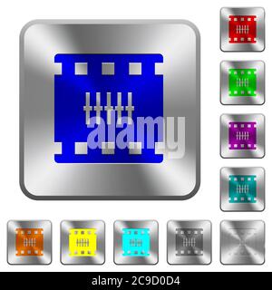 Movie controlling engraved icons on rounded square glossy steel buttons Stock Vector