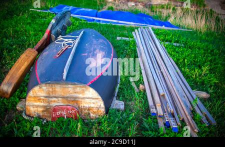 Gager, Germany. 21st May, 2020. A sailboat is lying on the dry land for repairs and can be seen at sunset at the small harbour. Credit: Jens Büttner/dpa-Zentralbild/ZB/dpa/Alamy Live News Stock Photo