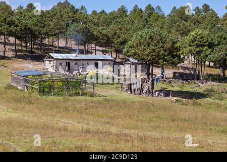 El Chepe Train Views. Small Farm House in Foothills of the Sierra Madre, Chihuahua State, Mexico. Stock Photo