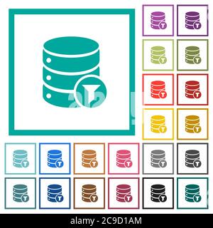 Database filter flat color icons with quadrant frames on white background Stock Vector
