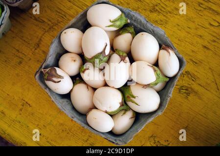 Container of white baby eggplants Stock Photo