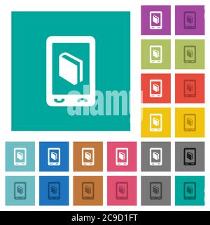 Mobile dictionary multi colored flat icons on plain square backgrounds. Included white and darker icon variations for hover or active effects. Stock Vector