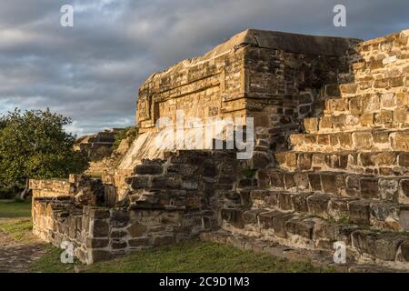 Detail of Building N of the pyramids of Group IV at the pre-Columbian Zapotec ruins of Monte Alban in Oaxaca, Mexico.  A UNESCO World Heritage Site. Stock Photo