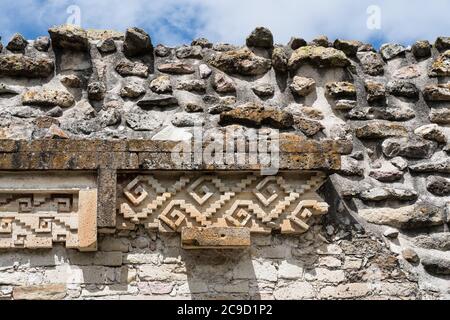 Detail of the ruins of Building 9, rear view, on Courtyard F in the Zapotec city of Mitla in Oaxaca, Mexico.   A UNESCO World Heritage Site. Stock Photo