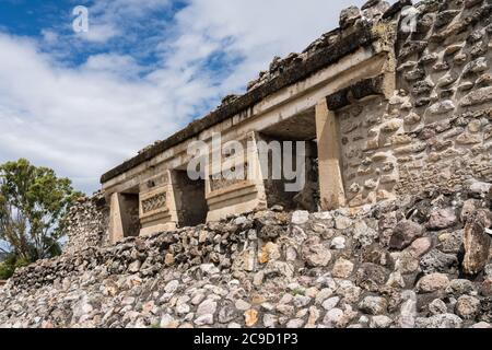 The ruins of  Building 9 in Courtyard F in the Zapotec city of Mitla in Oaxaca, Mexico.   A UNESCO World Heritage Site. Stock Photo