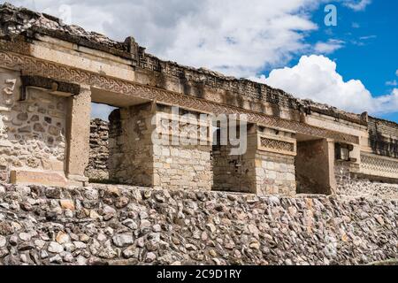 The ruins of a building 10 in Courtyard F in the Zapotec city of Mitla in Oaxaca, Mexico.   A UNESCO World Heritage Site. Stock Photo