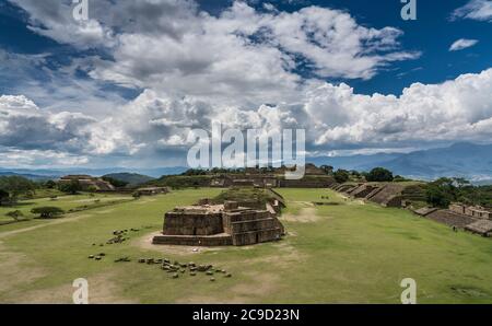 The view of the Observatory and the Main Plaza from atop the South Platform at the pre-Columbian Zapotec ruins of Monte Alban in Oaxaca, Mexico.  A UN Stock Photo