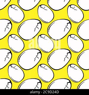 Cracked egg ,seamless pattern on yellow background. Stock Vector