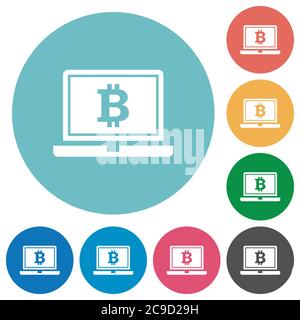 Laptop with Bitcoin sign flat white icons on round color backgrounds Stock Vector