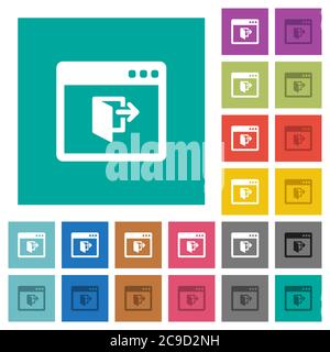 Application exit multi colored flat icons on plain square backgrounds. Included white and darker icon variations for hover or active effects. Stock Vector