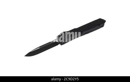 Switchblade (automatic) out-the-front (OTF) knife with black handle and black tactical blade (double edge). Pocket penknife with retractable blade. Stock Photo