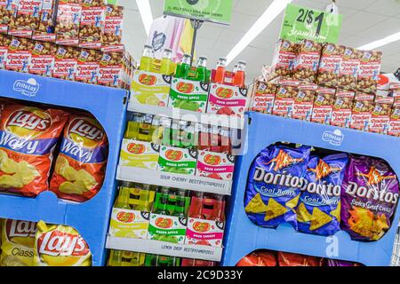 Sarasota Florida,Walgreens,pharmacy,drug store,retail products,display case sale,merchandise,packaging,brands,snacks,snack food,drink drinks beverage Stock Photo