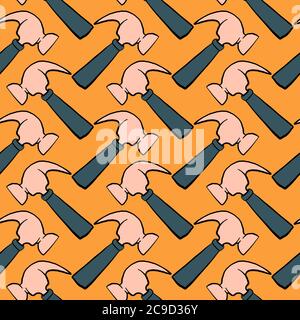 Cute small hammers ,seamless pattern on orange background. Stock Vector