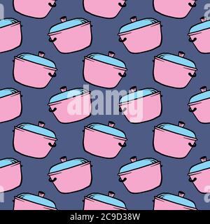 Light pink saucepan ,seamless pattern on dark blue background. Stock Vector