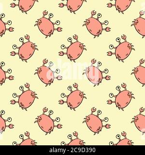 Small crabs ,seamless pattern on  light yellow background. Stock Vector