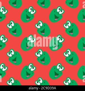 Frog head ,seamless pattern on red background. Stock Vector