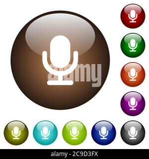 Single microphone white icons on round color glass buttons Stock Vector