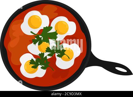 Fried eggs with tomatoes, illustration, vector on white background Stock Vector
