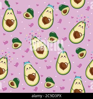 Seamless pattern with different cute avocados. vector illustration. avocado with the pit in the shape of a heart, avocado in a hat, unicorn, with a Stock Vector