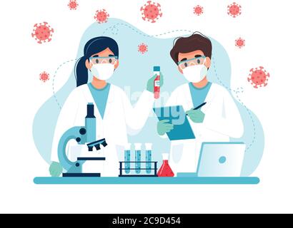 Vaccine research, scientists conducting experiments in lab. Vector illustration in flat style Stock Vector
