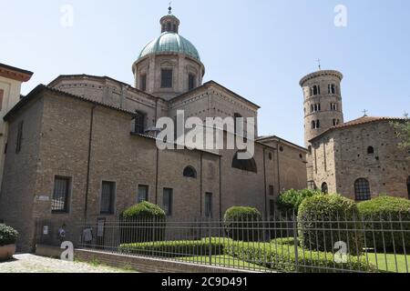 Ravenna, Italy.  July 28, 2020.  The external view of the Baptistery of Neon Stock Photo