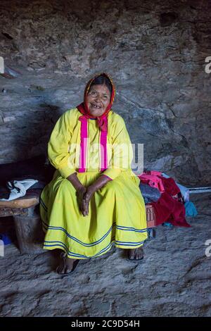 Traditional Tarahumara Indian Shaman in her Cave House, Copper Canyon, Chihuahua, Mexico. Stock Photo