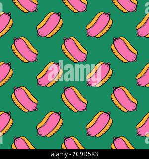 Tasty hot dog ,seamless pattern on dark green background. Stock Vector