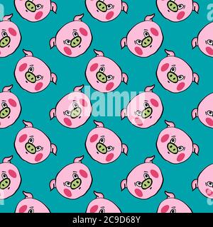 Pig head ,seamless pattern on blue  background. Stock Vector