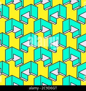 Isometric desks ,seamless pattern on yellow background. Stock Vector