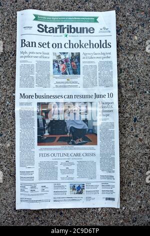 StarTribune headline is about banning the police use of chokeholds after the police killed George Floyd with a chokehold. St Paul Minnesota MN USA Stock Photo