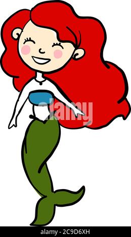 Mermaid with red hair, illustration, vector on white background Stock Vector