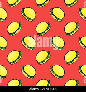 Delicious burger ,seamless pattern on red background. Stock Vector