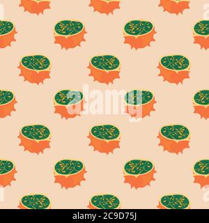 Horned melon ,seamless pattern on beige background. Stock Vector