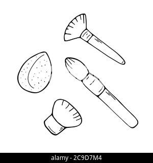 Make up brushes sketch collection. Cosmetic tools set. Fashion and beauty illustration. Vector hand drawn doodle graphic Stock Vector