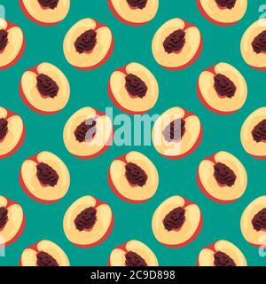 Delicious nectarine ,seamless pattern on  green background. Stock Vector