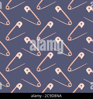 Opened safety pin ,seamless pattern on purple background. Stock Vector