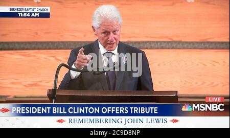 Atlanta, Georgia, USA. 30th July, 2020. A screen grab of President BILL CLINTON speaking at the funeral service for Representative JOHN LEWIS (D-GA), who died on July 17 at 80 from pancreatic cancer. Credit: Brian Cahn/ZUMA Wire/Alamy Live News Stock Photo