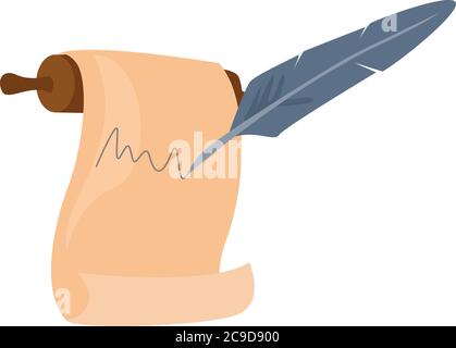 Parchment with feather, illustration, vector on white background Stock Vector