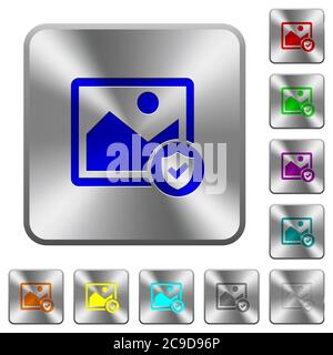 Protected image engraved icons on rounded square glossy steel buttons Stock Vector